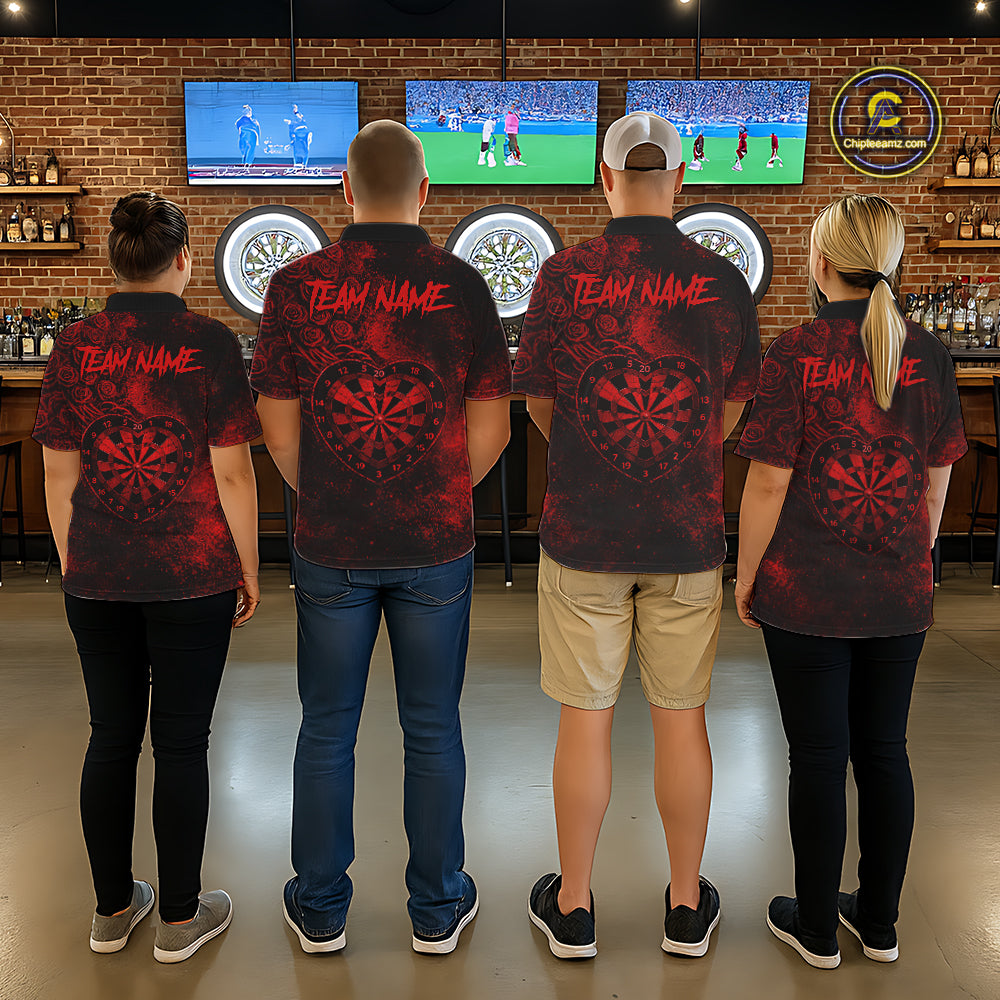 Red Grunge Roses Heart Dartboard Men Darts Valentine Shirt Custom Dart Polo Couple Gifts NYN2573