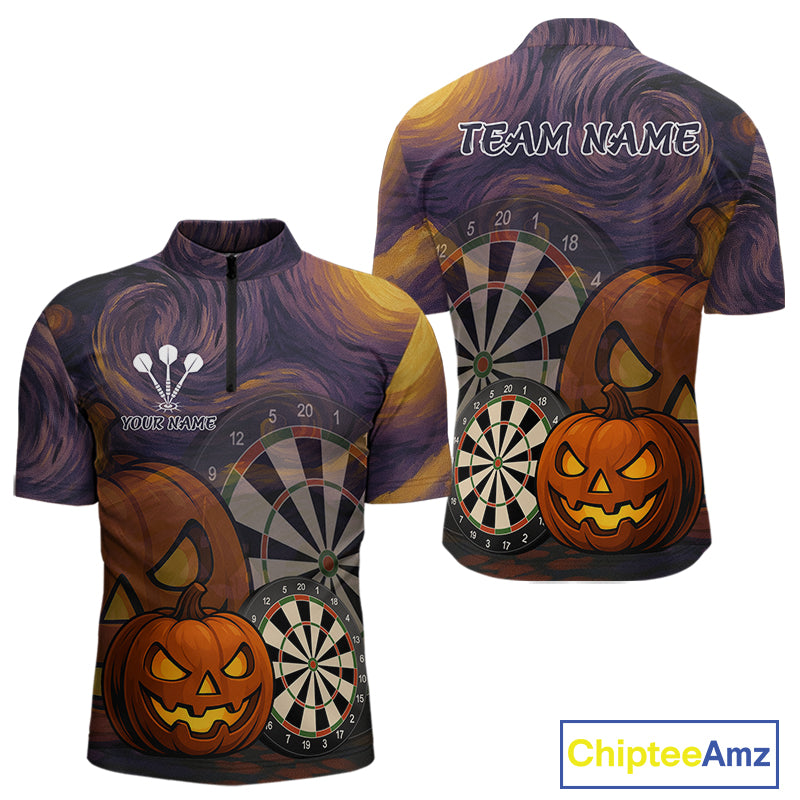 Pumpkin Dartboard 3D Custom Halloween Funny Darts  1/4-Zip Jerseys For Men, Darts Shirt NYN0831