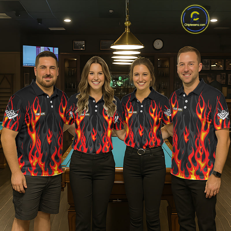 Red Flaming Pool 8 Ball Women Billiard Polo & Quarter-Zip Shirt Custom Billiard Team Jerseys NYN2285
