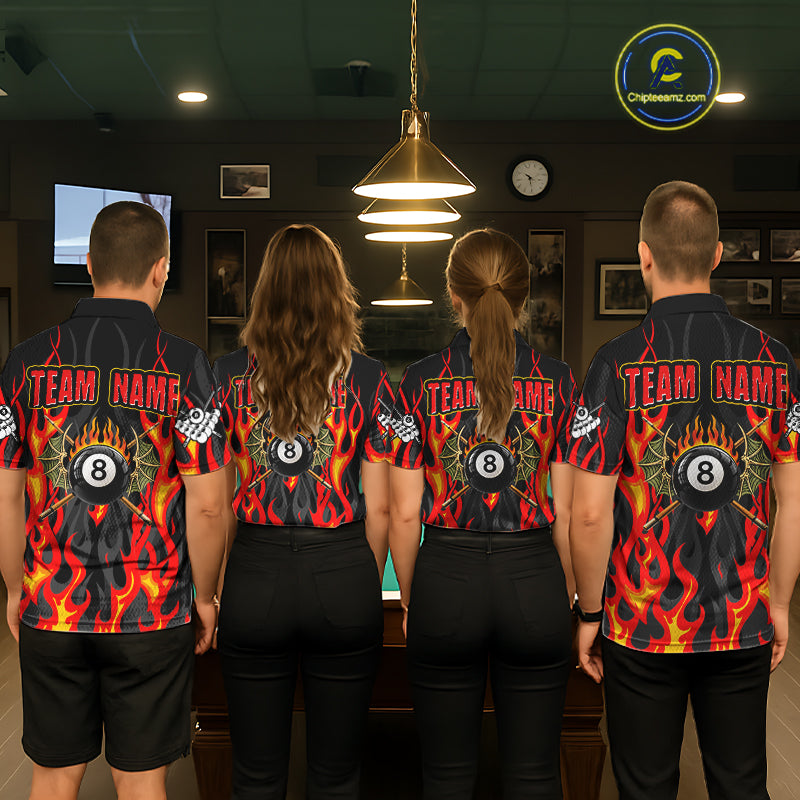 Red Flaming Pool 8 Ball Women Billiard Polo & Quarter-Zip Shirt Custom Billiard Team Jerseys NYN2285
