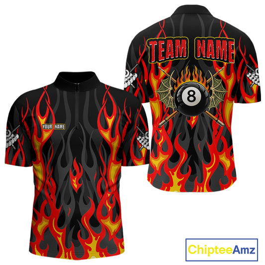 Red Flaming Pool 8 Ball Men Billiard Polo & Quarter-Zip Shirt Custom Billiard Team Jerseys NYN2285