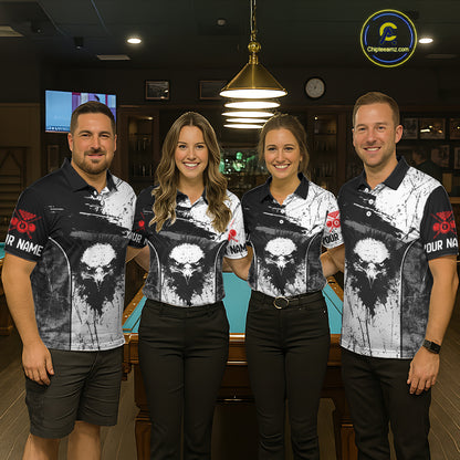 Red Grunge Skull 8 Ball Billiard Shirts For Men Custom Name Pool Billiard Team Jerseys NYN2288