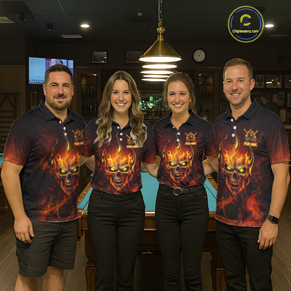 Orange Flaming Horror Skull 8 Ball Pool Men Billiard Polo & 1/4-Zip Shirt Custom Billiard Team Attire NYN2731
