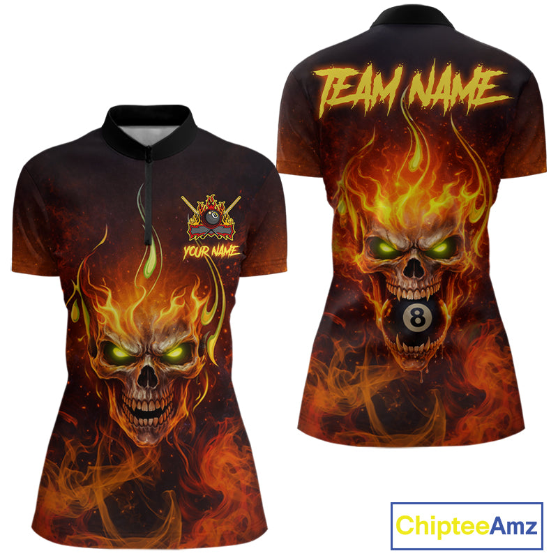 Orange Flaming Horror Skull 8 Ball Pool Women Billiard Polo & 1/4-Zip Shirt Custom Billiard Team Attire NYN2731