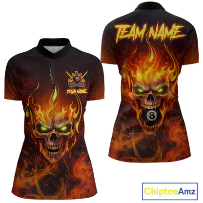 Orange Flaming Horror Skull 8 Ball Pool Women Billiard Polo & 1/4-Zip Shirt Custom Billiard Team Attire NYN2731