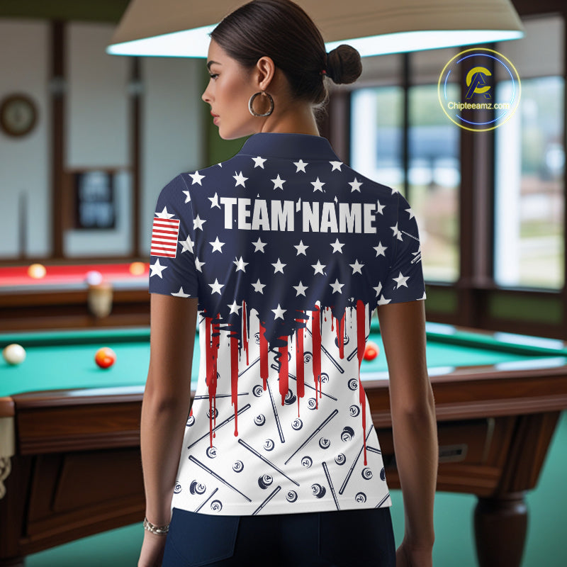 Blue Red American Flag 8 Ball Pool Women Billiard Ball Cue Shirt Custom Patriotic Billiard Team Attire NYN2733