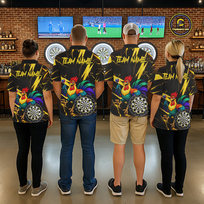 Funny Colorful Rooster Plays Darts Polo & Quarter Zip Shirt Custom Thunder Yellow Men Darts Jersey NYN2949