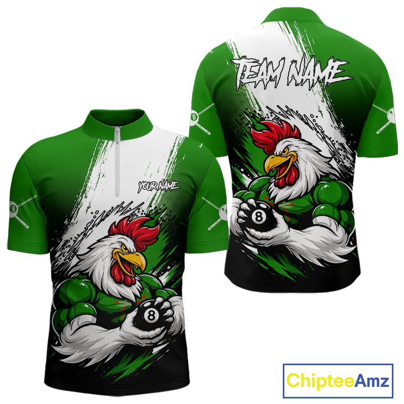 Personalized Funny Rooster 8 Ball Billiard Pool Shirt Custom Green Grunge Billiard Attire For Men NYN2952