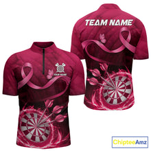 Load image into Gallery viewer, Pink Ribbon Thunder Lightning Men Dart Polo &amp; Quarter Zip Shirt Custom Breast Cancer Darts Jersey NYN2947