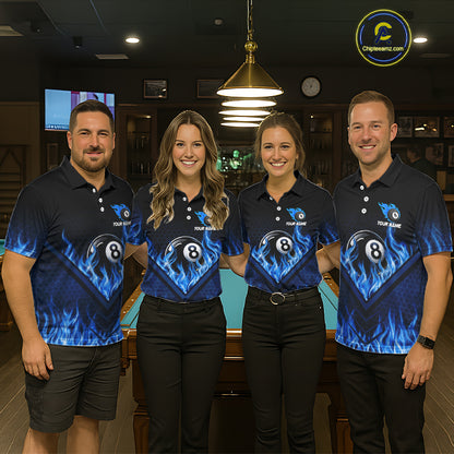Blue Flaming Hexagon 8 Ball Billiard Pool Shirt For Women Custom Billiard Polo & 1/4 Zip Team Attire NYN3161