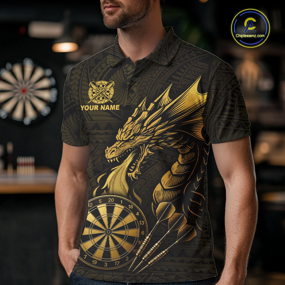Custom Gold Tribal Pattern Dragon Darts Polo & 1/4 Zip Shirt For Men Darts Team League Jersey NYN3355