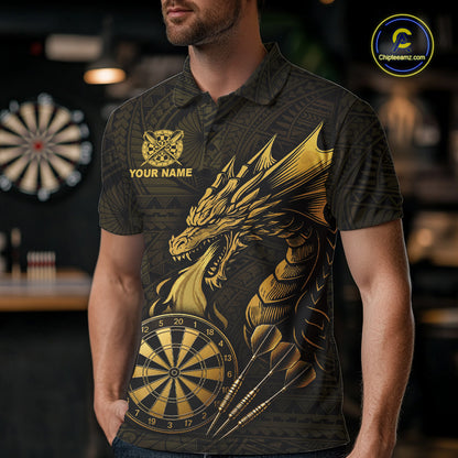 Custom Gold Tribal Pattern Dragon Darts Polo & 1/4 Zip Shirt For Men Darts Team League Jersey NYN3355