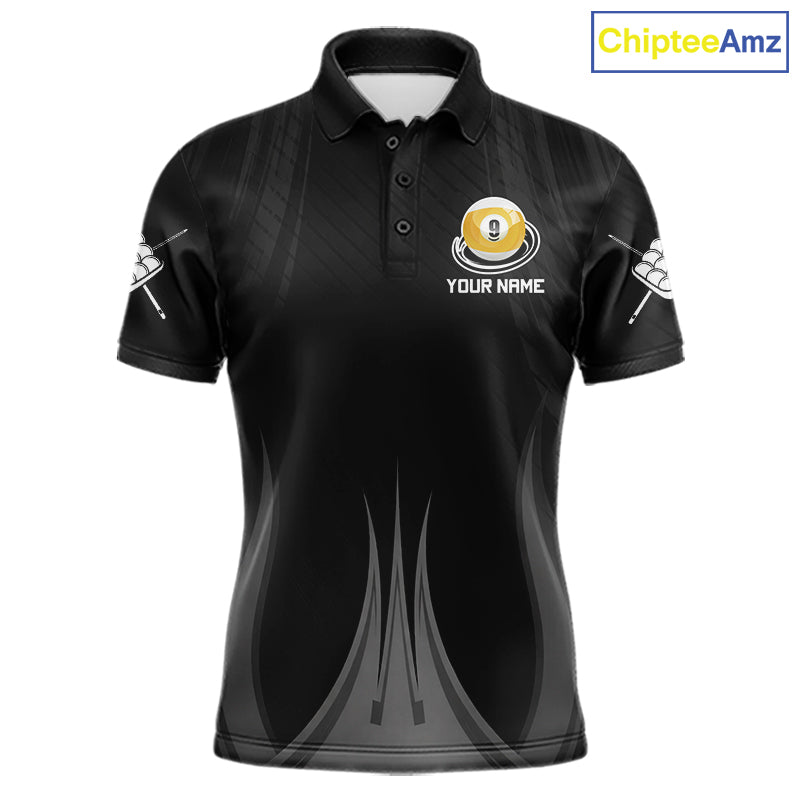 Personalized 9 Ball Billiard Polo Shirt For Men, Black Pool Team Jersey, Custom Pool League Shirt, Professional Billiards Apparel, Tournament Uniform