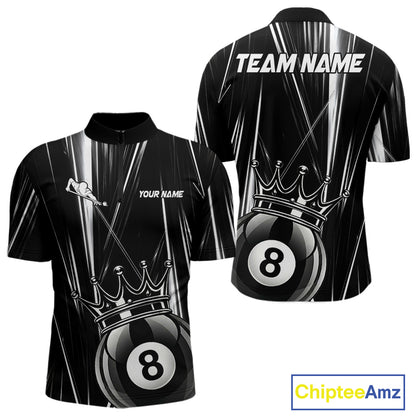 Black And White Crown 8 Ball Billiard Quarter-Zip Shirt For Men, Personalized Pool League Uniform, Tournament Apparel