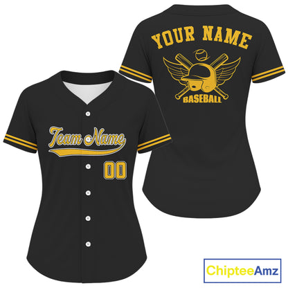 Black And Yellow Minimalist Baseball Shirts For Women Custom Button Up Baseball Jerseys NYN0847