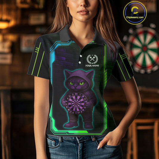 Lightning Cat Tech Green & Blue Neon Dartboard Women Dart Polo Shirt Funny Dart Jerseys NYN1792