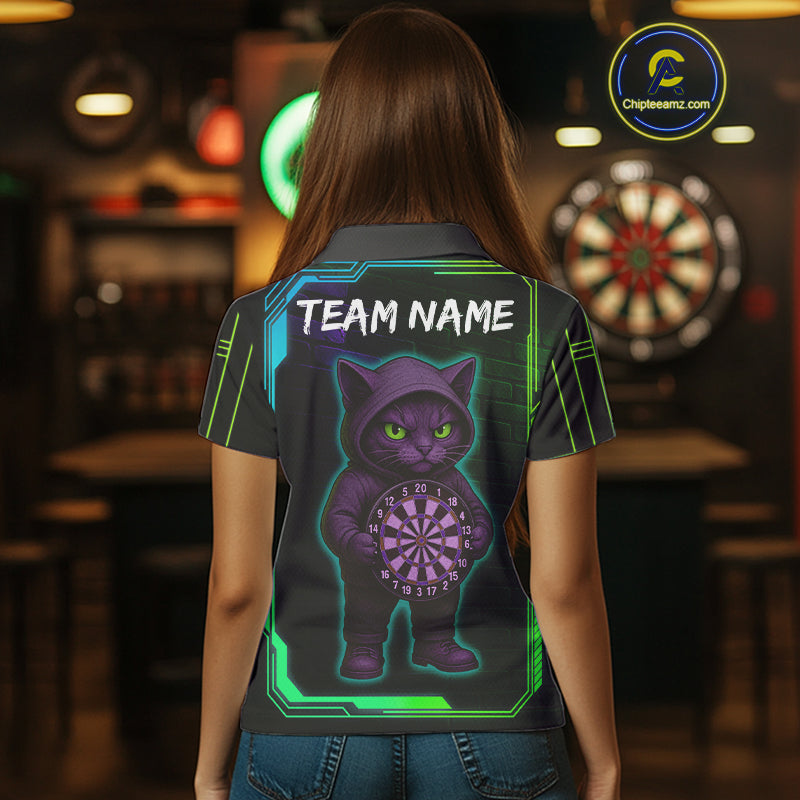 Lightning Cat Tech Green & Blue Neon Dartboard Women Dart Polo Shirt Funny Dart Jerseys NYN1792