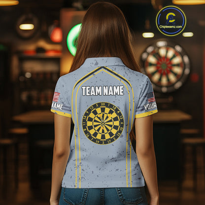 Custom Grey And Yellow US Flag Dartboard Dart Shirts For Women Patriotic Dart Team Jerseys NYN0042