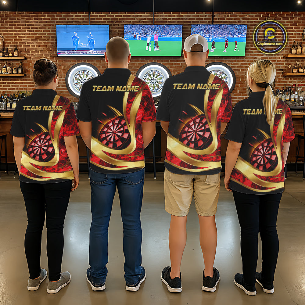 Personalized Red Flaming Thunder Darts Polo & 1/4-Zip Shirt For Men Gold Dart Team Dart Jerseys NYN2957