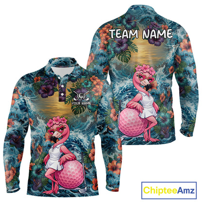 Mens Flamingo Golf Clothing Waving Tropical Golf Shirt Custom Floral Golf Polo, Best Golf Gifts NYN2959