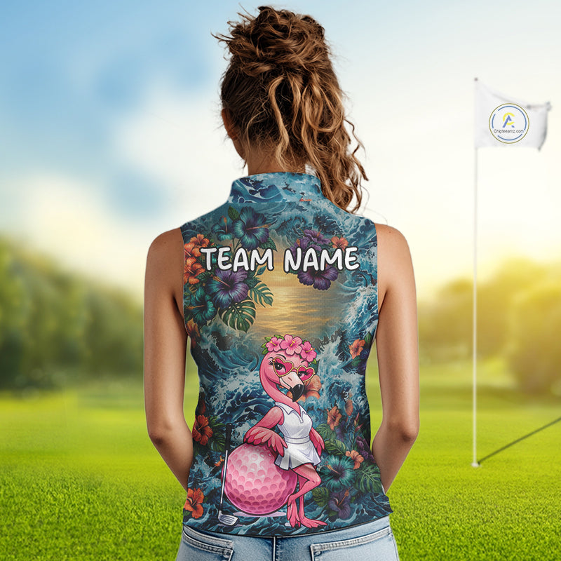 Womens Flamingo Golf Clothing Waving Tropical Golf Shirt Custom Floral Golf Sleeveless Polo, Golf Gifts NYN2959