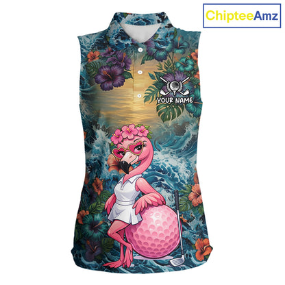 Womens Flamingo Golf Clothing Waving Tropical Golf Shirt Custom Floral Golf Sleeveless Polo, Golf Gifts NYN2959