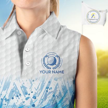 Custom Womens Golf Polo Shirts, Blue Splatter Golf Ball White Men Golf Sleeveless Polo Shirt, Golf Shirts NYN2961