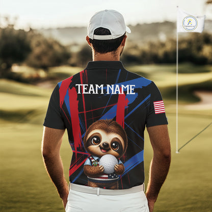 Male golfer wearing artistic sloth golf polo during casual golf outing, perfect for family golf events and humorous golf fashion.
