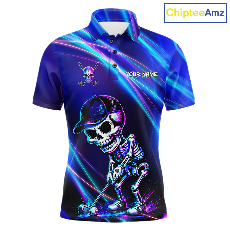 Men's golf polo featuring glowing skeleton skull with neon purple and blue graphics, personalized performance golf apparel for Halloween golf tournaments, alternative golf fashion and men's golf teams, symbolizing strength, individuality and fearless spirit.