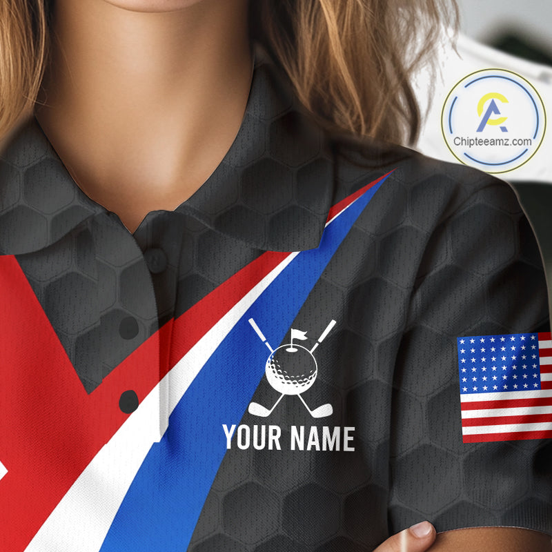 Female golfer wearing personalized black patriotic golf polo, elegant golf apparel for ladies golf clubs, Memorial Day events and Independence Day tournaments.