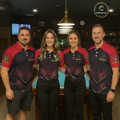 Custom Red Billiard Polo & Quarter-Zip Jerseys For Men Gold 8 Ball Pool Team Jersey NYN2314