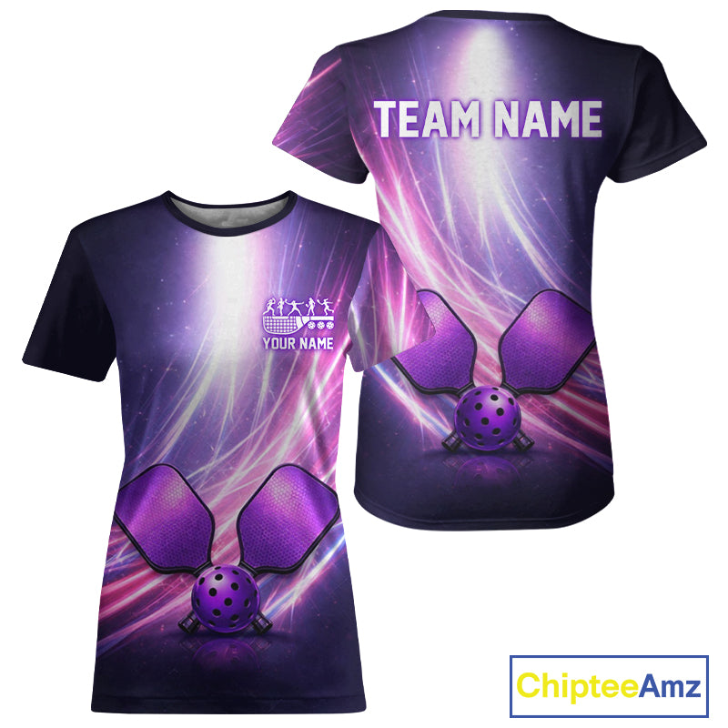 Custom Lightning Purple And Pink Pickleball T-Shirt For Women Pickleball Ball & Paddle Jersey NYN2578