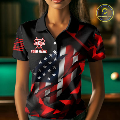 Red Geometric Torn American Flag 8 Ball Pool Billiard Team Shirt Custom Billiard Jerseys For Women NYN2750