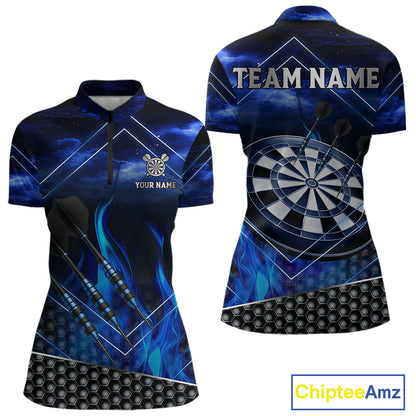 Flaming Dartboard & Dart Arrows Blue Darts Shirt For Women - Custom Name & Team Jersey NYN0668