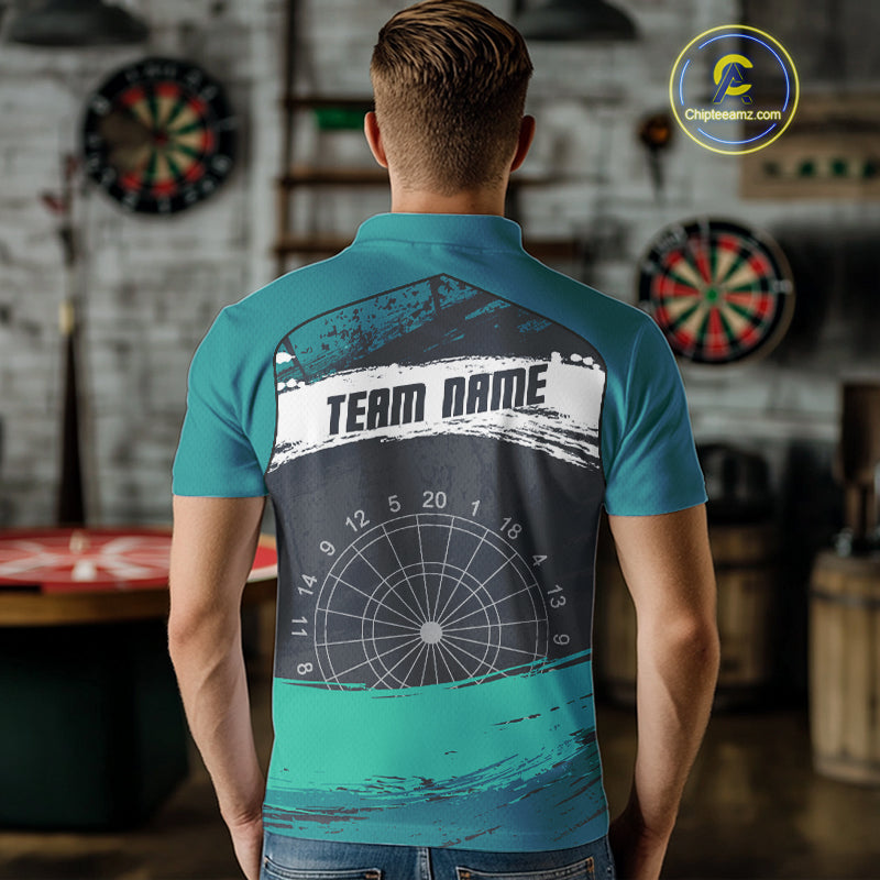 Custom Grunge Black And Turquoise Dripping Dartboard Dart Team Men Polo Shirt NYN1548