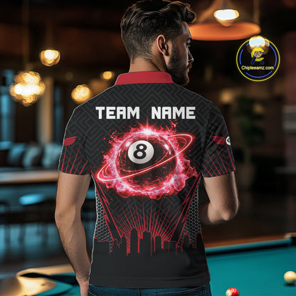 Black & Red Flaming 8 Ball Light Men's Billiard Shirts Personalized Billiard Team Attire NYN2329