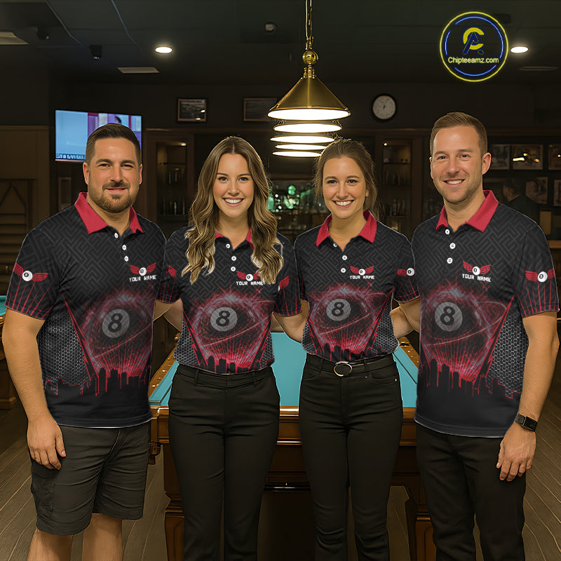 Black & Red Flaming 8 Ball Light Women's Billiard Shirts Personalized Billiard Team Attire NYN2329