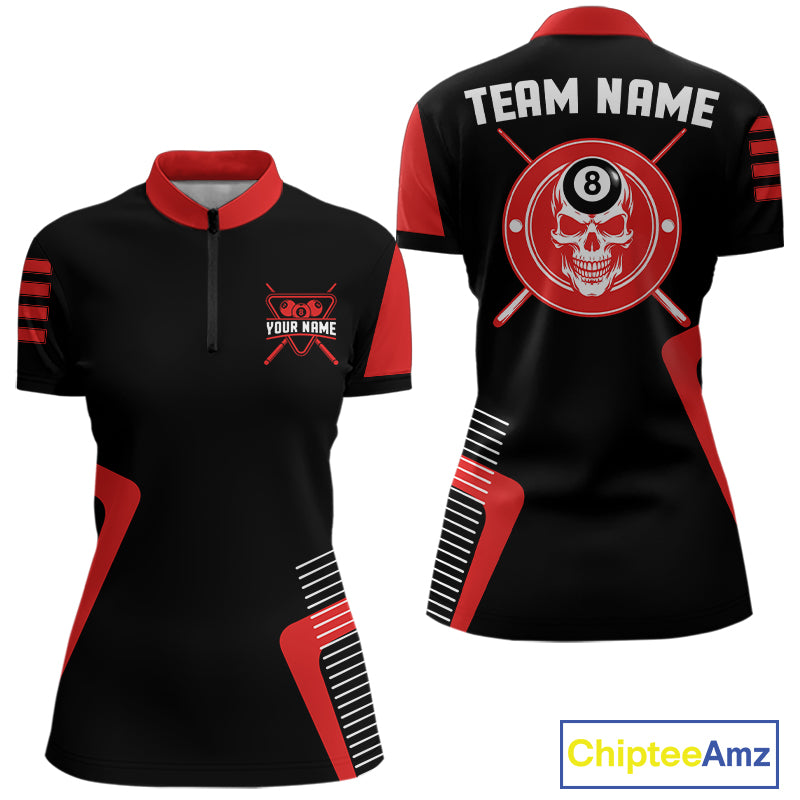 Black & Red Skull Pool 8 Ball Women Billiard Polo & 1/4-Zip Shirt Personalized Ball Billiard Attire NYN2593