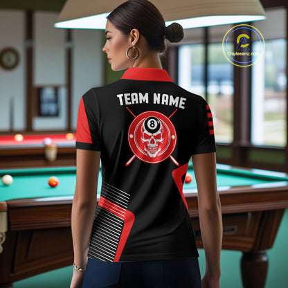Black & Red Skull Pool 8 Ball Women Billiard Polo & 1/4-Zip Shirt Personalized Ball Billiard Attire NYN2593