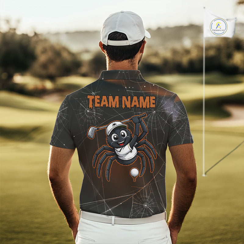 Male golfer wearing Funny Spider Halloween golf polo, custom golf team apparel, spiderweb performance golf shirt, golf club uniform, Halloween golf outing