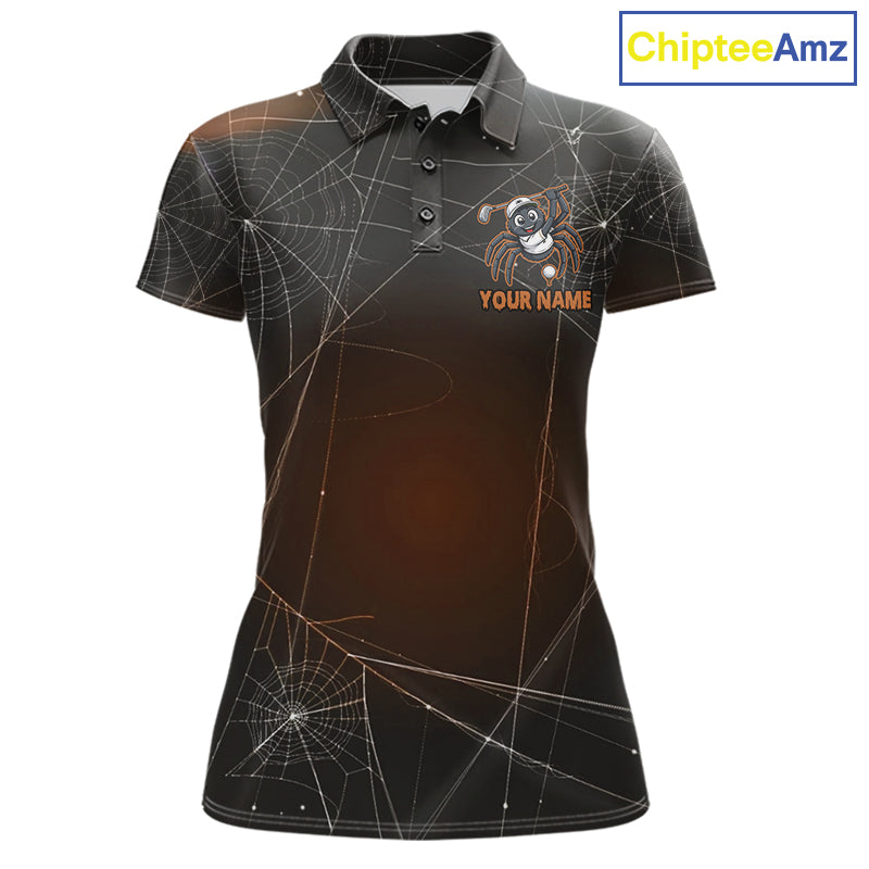 Funny Spider Halloween women's golf polo shirt featuring spiderweb artwork, custom golf team uniform, breathable performance polo, golf outing apparel, Halloween golf clothing, golf club tournament