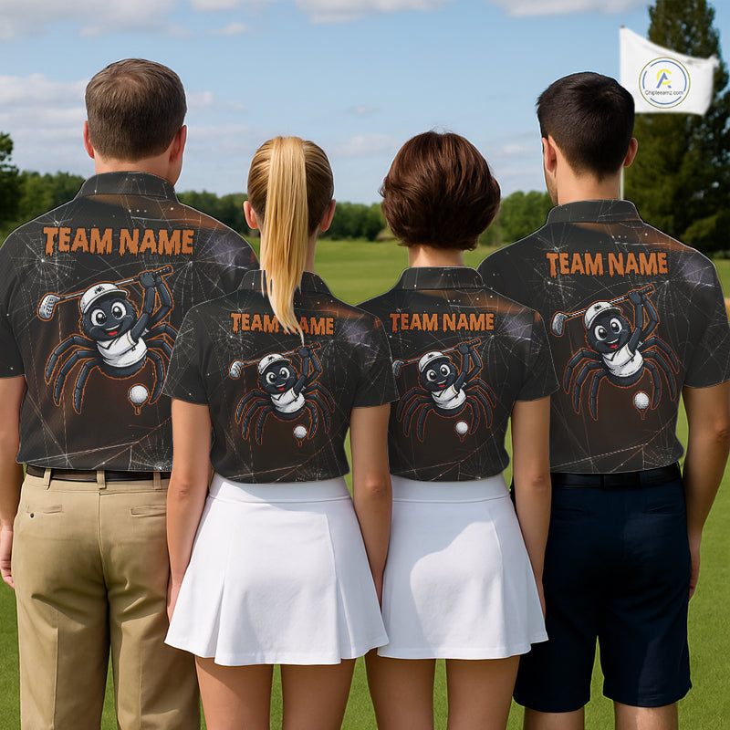 Funny Spider Halloween custom team golf polo, matching golf team shirts, corporate golf outing, family golf vacation, Halloween sportswear, golf league apparel, spider symbolizes resilience, strategy, creativity