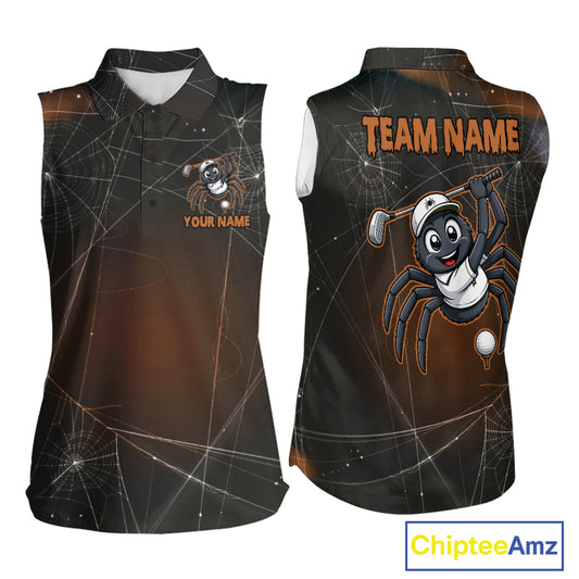 Funny Spider Halloween women sleeveless golf polo with custom name, spooky spiderweb design, moisture-wicking performance golf apparel, Halloween golf tournament, ladies golf league, personalized golf gift, fall golf fashion