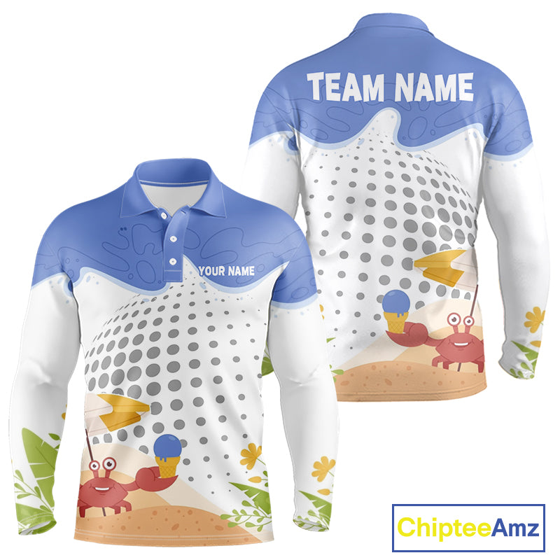 Summer Crab men's golf polo shirt, personalized tropical crab golfer design, breathable golf apparel, golf outing clothing