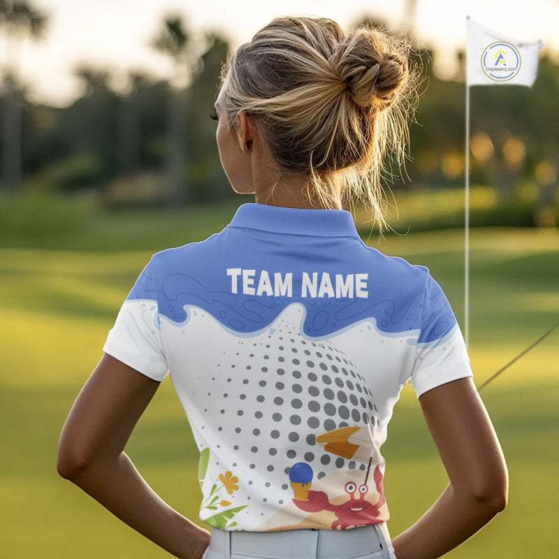 Female golfer wearing Summer Crab golf polo, tropical golf clothing, vacation golf outfit, custom golf apparel, beach golf style