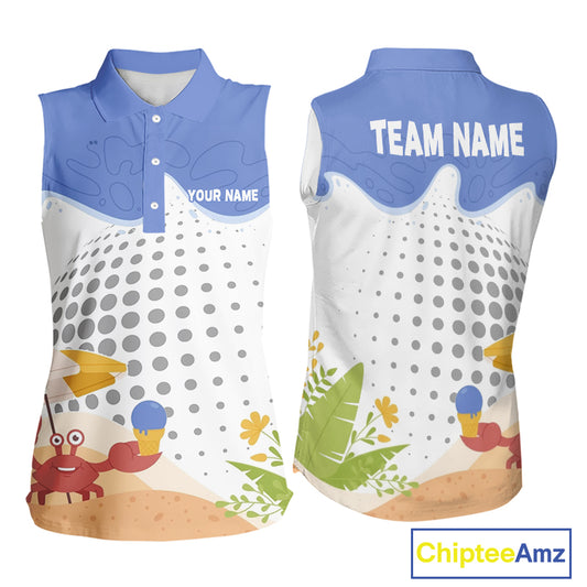 Summer Crab women sleeveless golf polo, personalized crab golf design, tropical golf apparel, lightweight golf shirt, ladies golf fashion