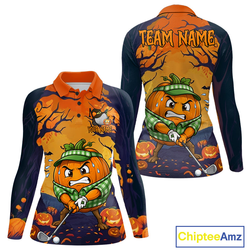 Funny Pumpkin women's golf polo shirt, Halloween golf team uniform, breathable performance golf apparel, autumn golf outfit