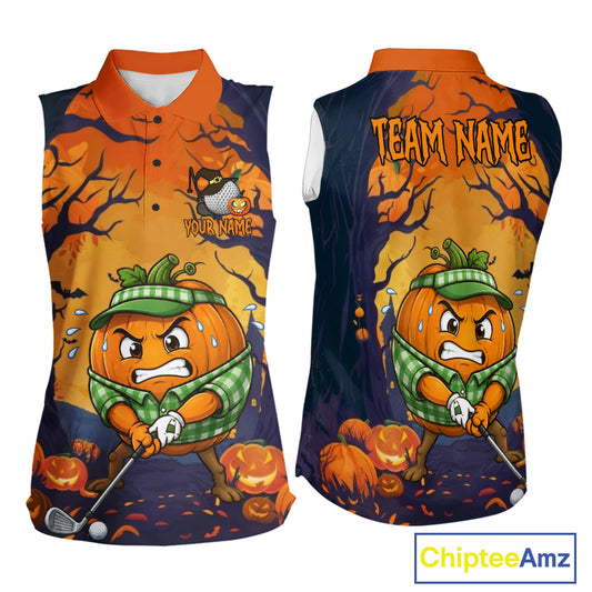 Funny Pumpkin Golfer Halloween women sleeveless golf polo, personalized pumpkin golf apparel, fall golf clothing, Halloween golf tournament