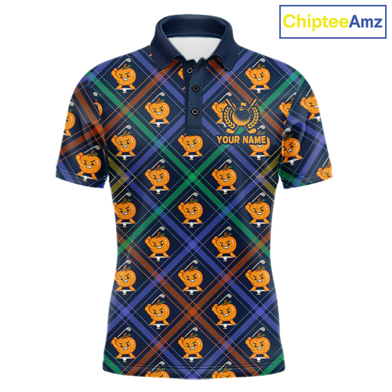Plaid Pumpkin men's golf polo shirt, Halloween golf apparel, breathable golf team uniform, custom golf clothing