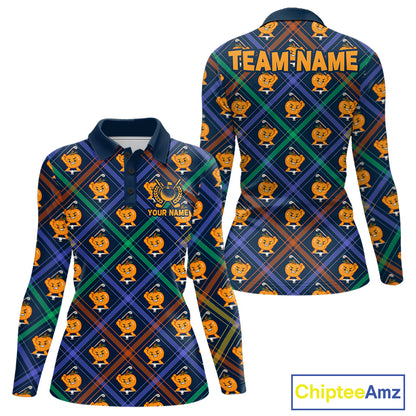 Plaid Pumpkin women's golf polo shirt featuring classic plaid design, custom golf apparel, fall golf fashion, golf team uniform